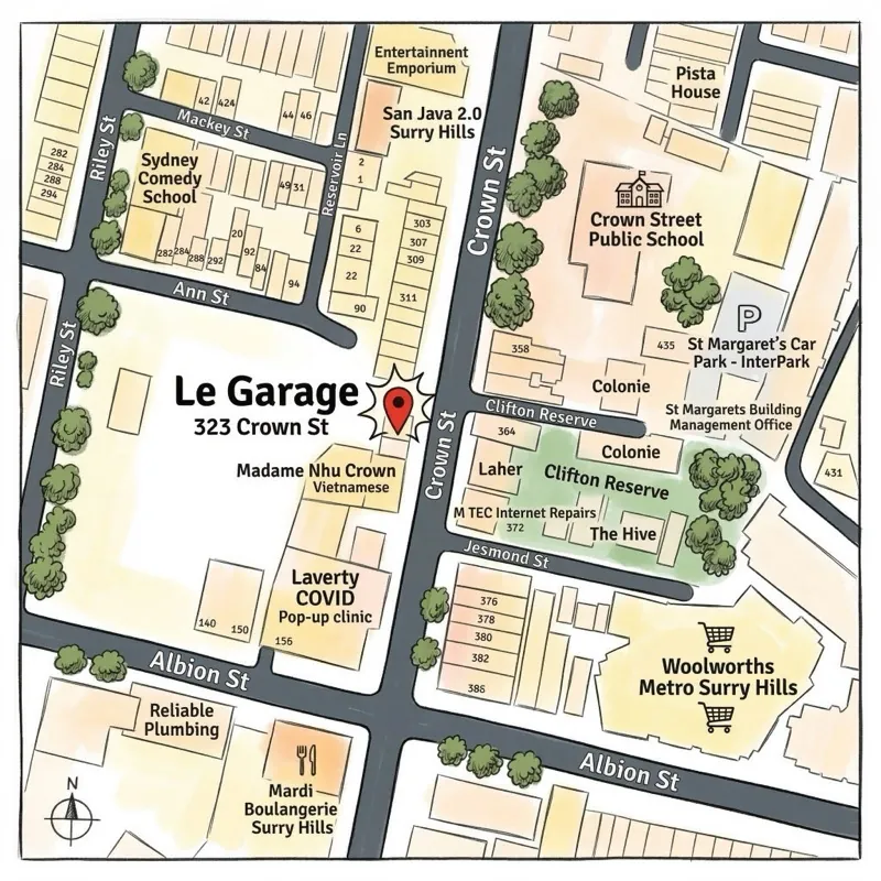 Map showing Le Garage at 323 Crown St, Surry Hills NSW 2010